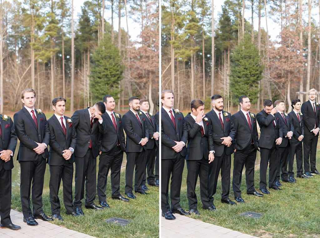 Groomsmen crying seeing the bride | Christmas Wedding at Pinehill Pavilion | Raleigh NC Wedding Photographer 