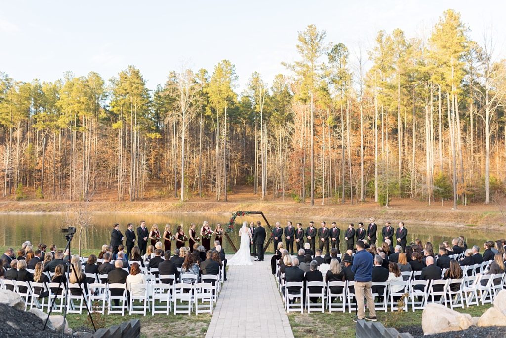 Ceremony location in Raleigh NC overlooking water and woods | Christmas Wedding at Pinehill Pavilion | Raleigh NC Wedding Photographer 