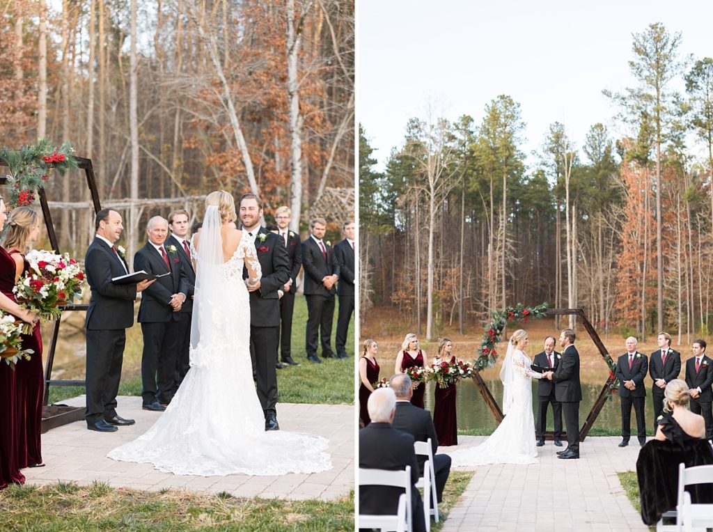 bride and groom at the alter | Christmas Wedding at Pinehill Pavilion | Raleigh NC Wedding Photographer 