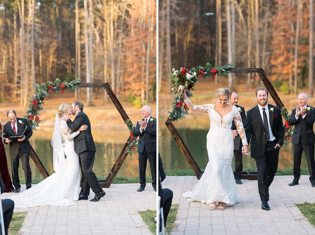 Bride and groom kissing and walking down the aisle as husband and wife | Christmas Wedding at Pinehill Pavilion | Raleigh NC Wedding Photographer 