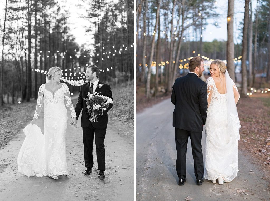 Black and white photo of bride and groom holding hands and bride looking back over her shoulder | Christmas Wedding at Pinehill Pavilion | Raleigh NC Wedding Photographer 