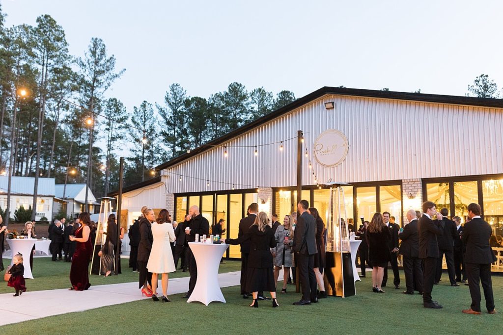 Cocktail party on the outside lawn | Christmas Wedding at Pinehill Pavilion | Raleigh NC Wedding Photographer 