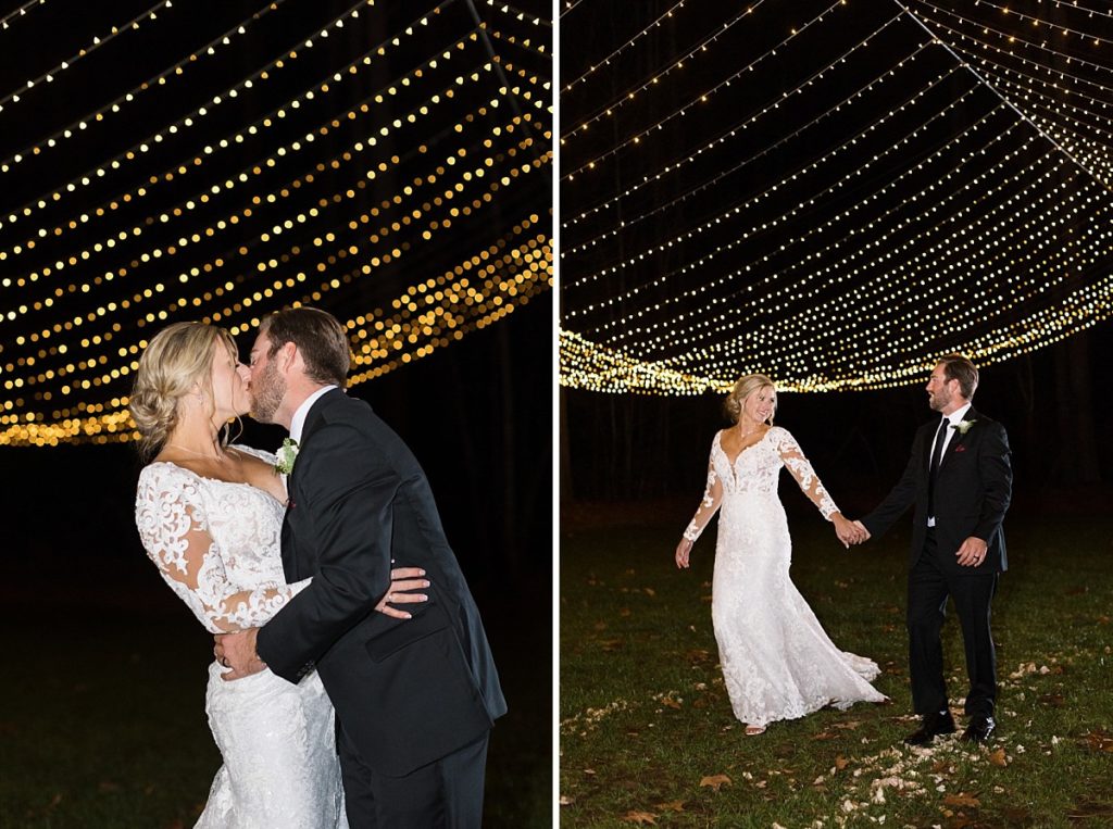 bride and groom outside under canopy lights | Christmas Wedding at Pinehill Pavilion | Raleigh NC Wedding Photographer 