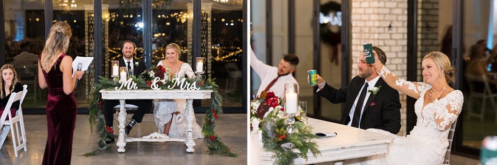 Bride and groom during MOH speech | Christmas Wedding at Pinehill Pavilion | Raleigh NC Wedding Photographer 