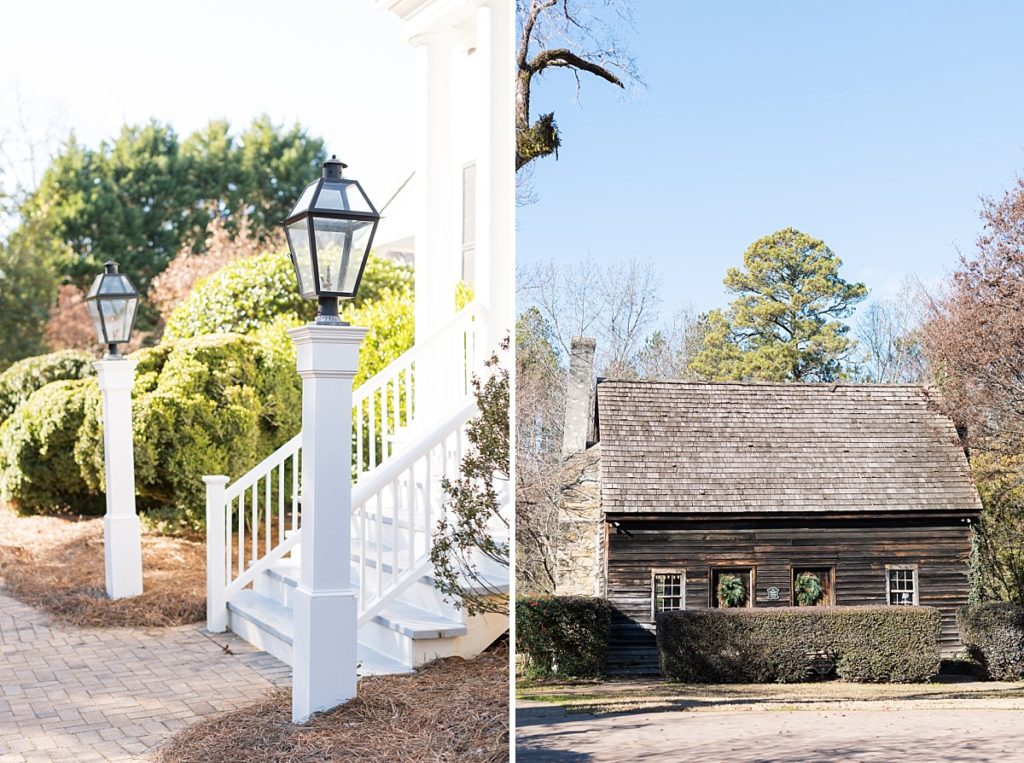 Gas lamp posts and log cabin  at The Sutherland Estate | Raleigh NC Wedding Photographer