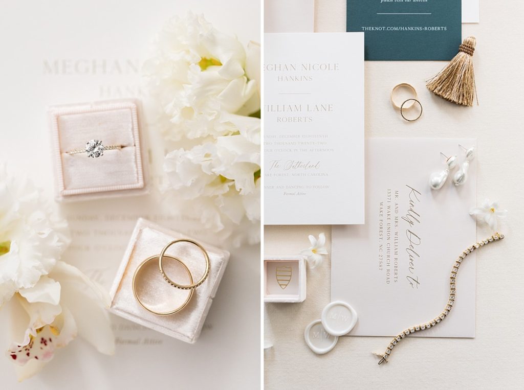 Wedding bands a top pearl ring box and wedding invite suite with gold accessories | Emerald Christmas Wedding at The Sutherland Estate | Raleigh NC Wedding Photographer