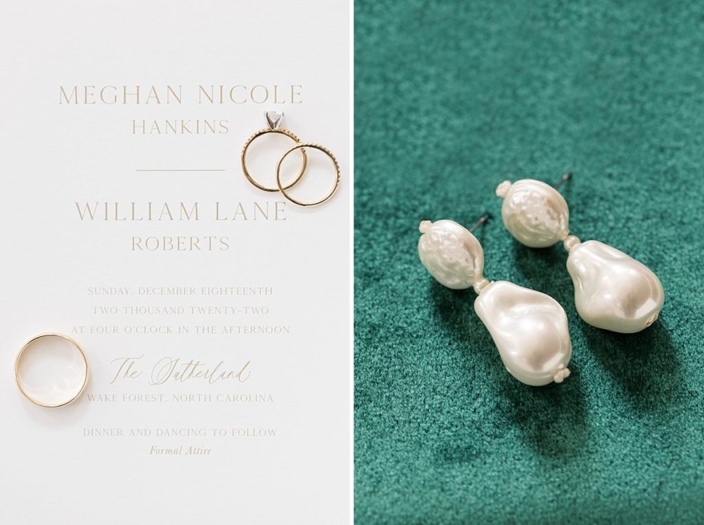 Gold and white wedding invite and pearl earrings on an emerald backdrop | Emerald Christmas Wedding at The Sutherland Estate | Raleigh NC Wedding Photographer
