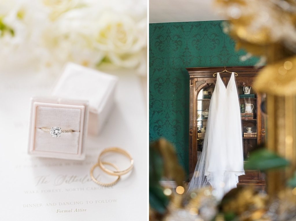 Diamond Engagement ring sitting in ring box and wedding dress hanging on antique furniture Emerald Christmas Wedding at The Sutherland Estate | Raleigh NC Wedding Photographer