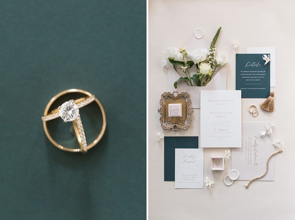 Gold and diamond wedding bands and white, emerald and gold wedding invitation suite Emerald Christmas Wedding at The Sutherland Estate | Raleigh NC Wedding Photographer