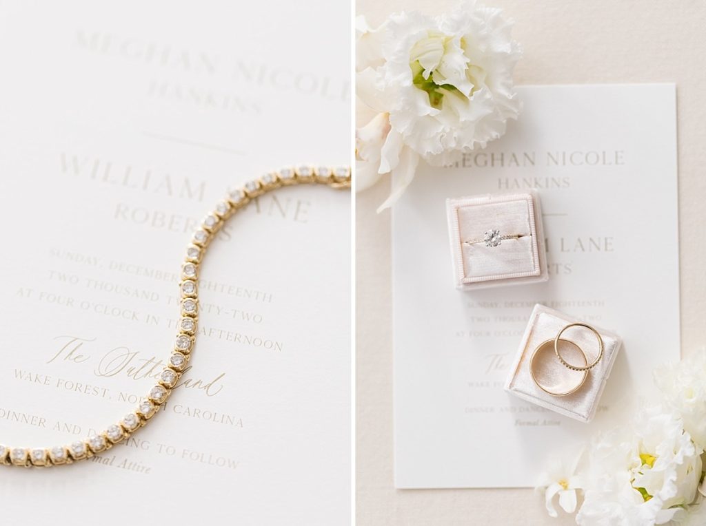 Diamond tennis bracelet on white and gold wedding invite and rings with invite | Emerald Christmas Wedding at The Sutherland Estate | Raleigh NC Wedding Photographer
