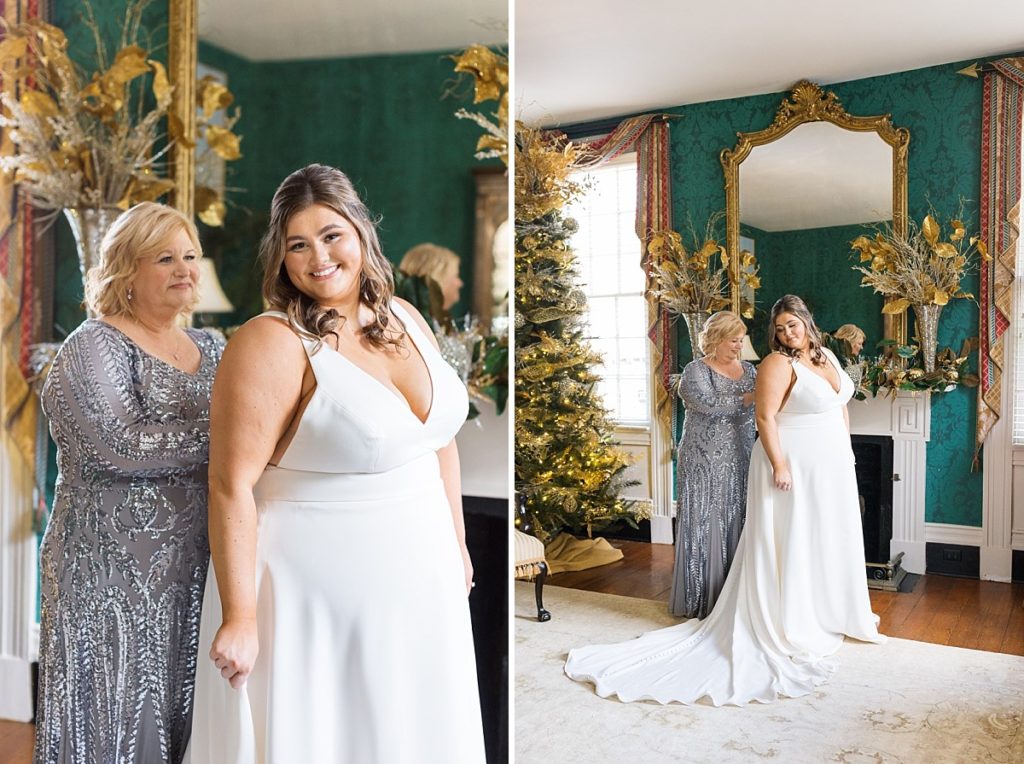 Bride with her mother zipping up her dress | Emerald Christmas Wedding at The Sutherland Estate | Raleigh NC Wedding Photographer