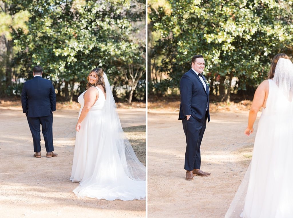 Bride before first look and grooms reaction to seeing his bride | Emerald Christmas Wedding at The Sutherland Estate | Raleigh NC Wedding Photographer