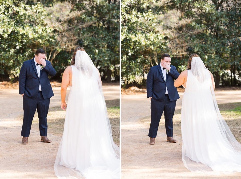 Grooms crying after seeing his bride for the first time | Emerald Christmas Wedding at The Sutherland Estate | Raleigh NC Wedding Photographer