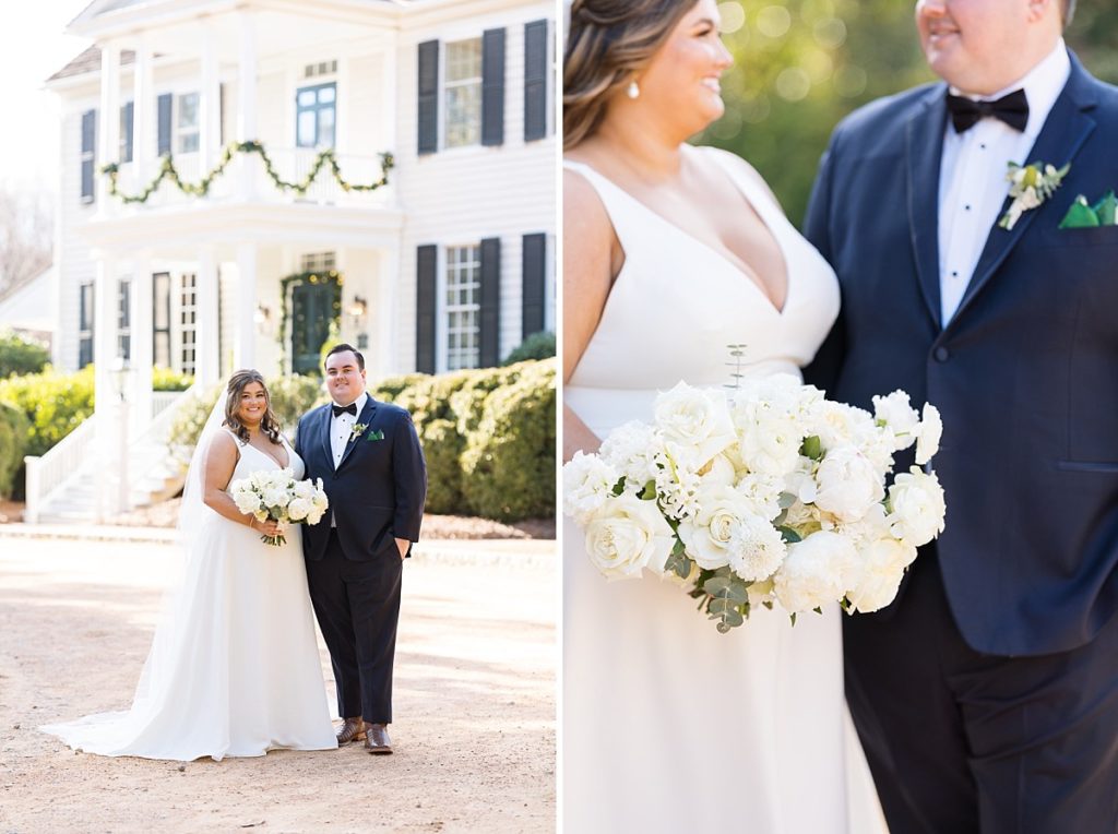 Bride and groom standing in front of wedding venue and bride and groom with all white bouquet | Emerald Christmas Wedding at The Sutherland Estate | Raleigh NC Wedding Photographer