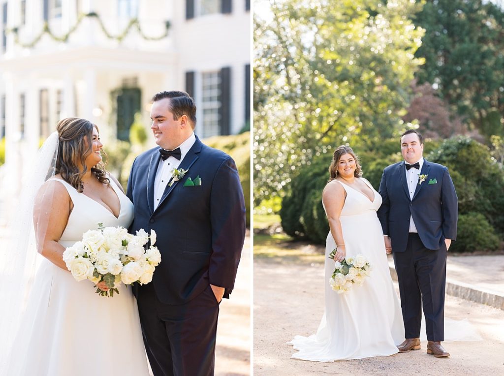 Bride and groom gazing at each other and bride in classic white gown and groom navy coat | Emerald Christmas Wedding at The Sutherland Estate | Raleigh NC Wedding Photographer