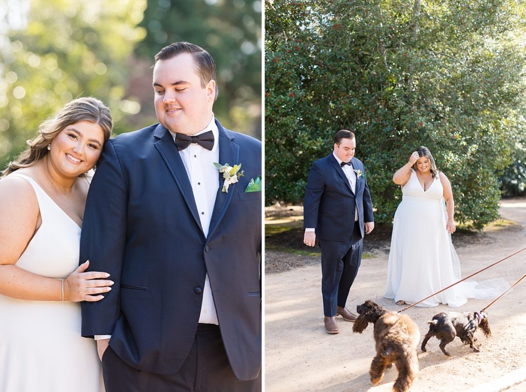 Bride resting head on groom's shoulder and dogs running to their owner | Emerald Christmas Wedding at The Sutherland Estate | Raleigh NC Wedding Photographer