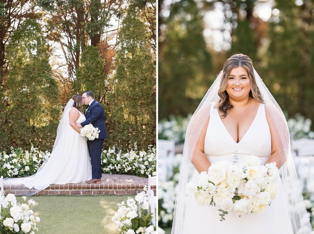 ride and groom kissing ad bride holding her all white bouquet | Emerald Christmas Wedding at The Sutherland Estate | Raleigh NC Wedding Photographer