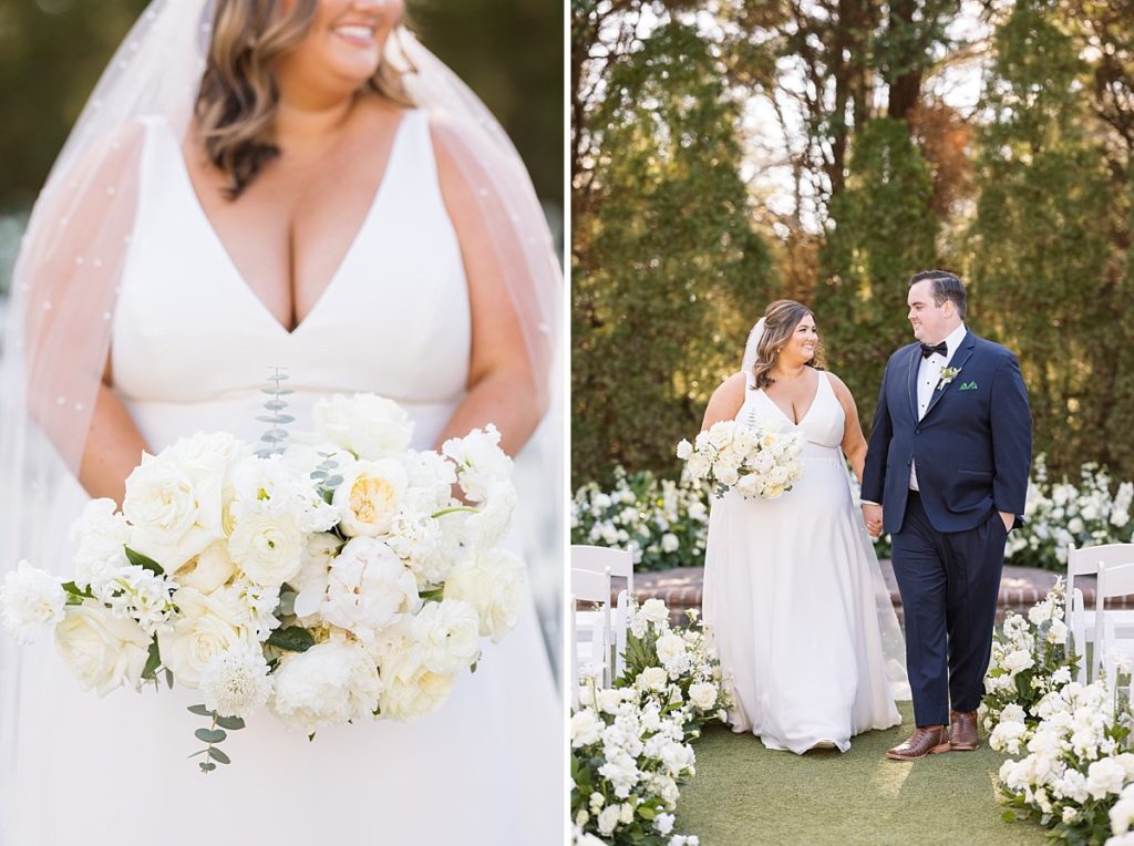 Details of all white and greenery bouquet and bride and groom Emerald Christmas Wedding at The Sutherland Estate | Raleigh NC Wedding Photographer