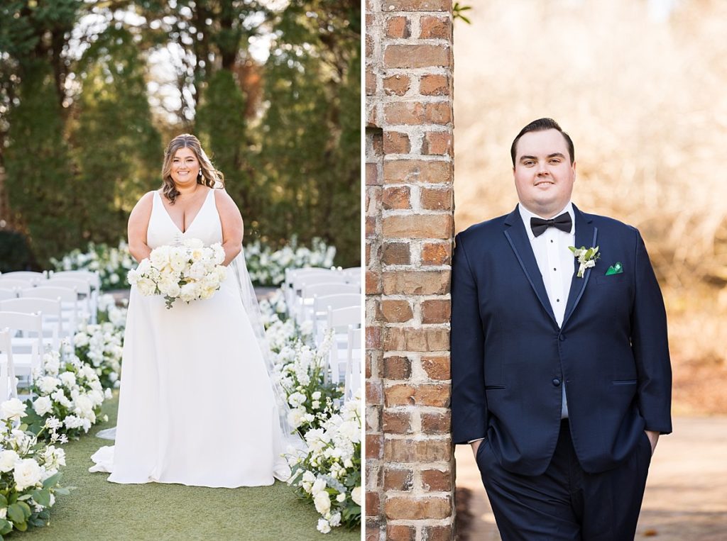 Bride surrounded by floral arrangements and groom leaning against a brick wall | Emerald Christmas Wedding at The Sutherland Estate | Raleigh NC Wedding Photographer