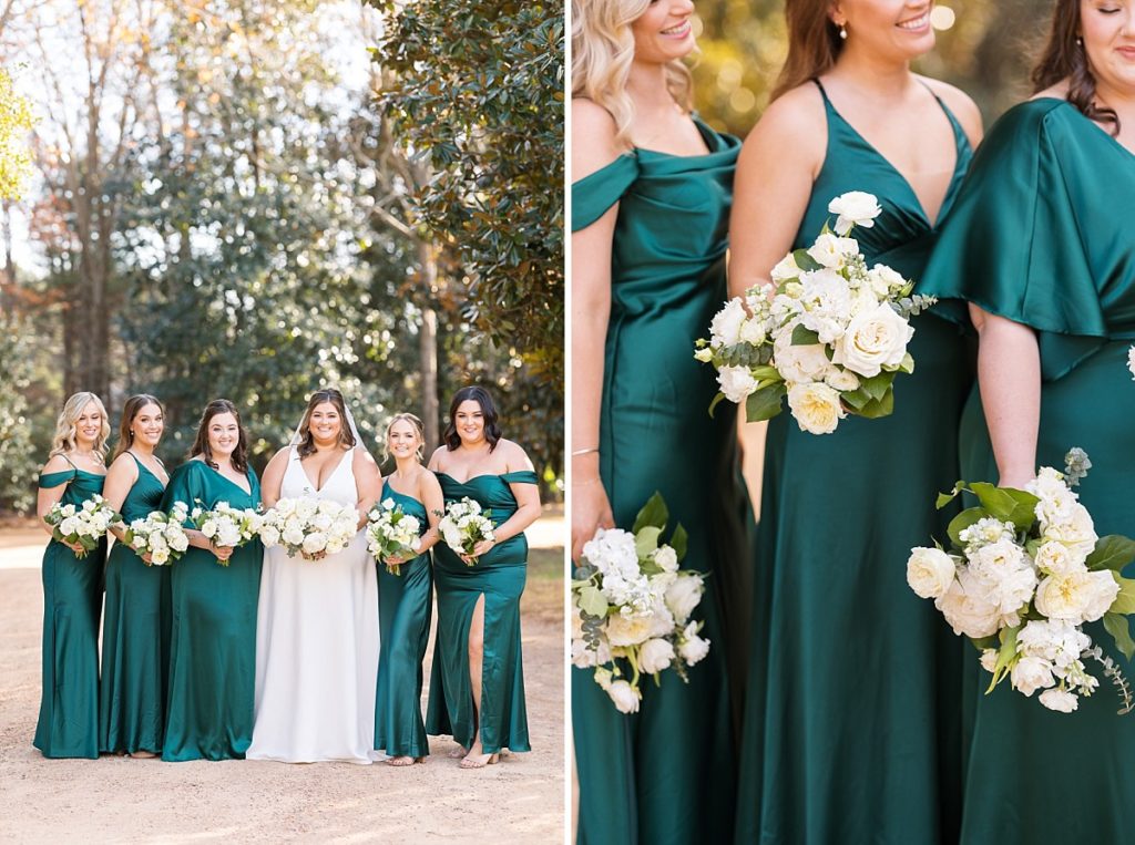 Bridal party wearing emerald gowns and details for bridesmaids bouquets | Emerald Christmas Wedding at The Sutherland Estate | Raleigh NC Wedding Photographer