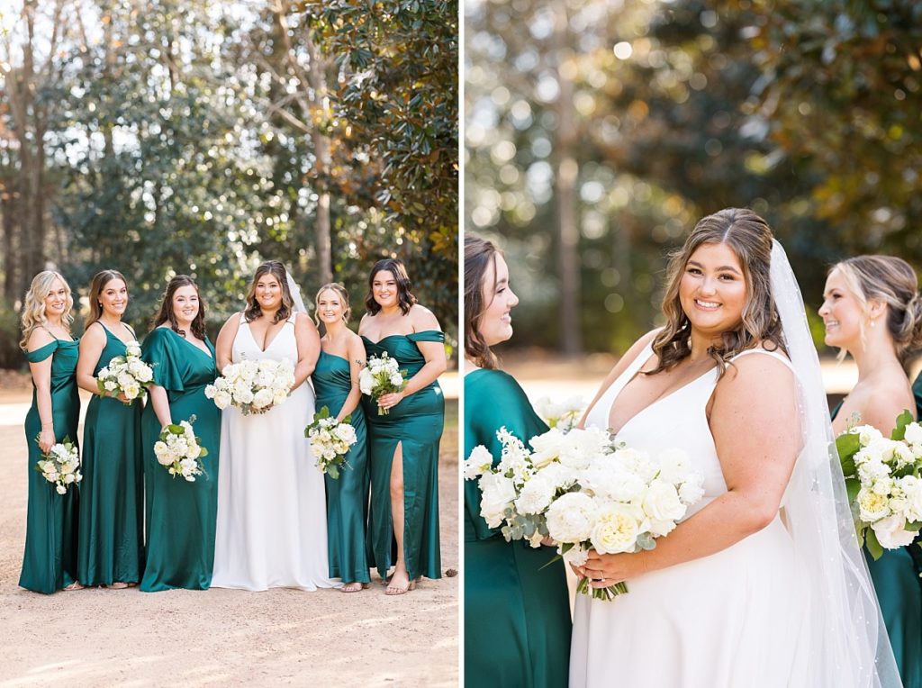 Bridal party with the bride and Bride smiling | Emerald Christmas Wedding at The Sutherland Estate | Raleigh NC Wedding Photographer