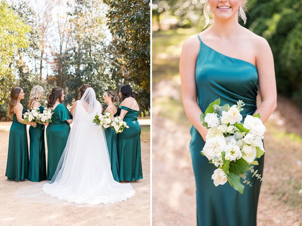 Back of bridal party and bridesmaid outfit and bouquet details  | Emerald Christmas Wedding at The Sutherland Estate | Raleigh NC Wedding Photographer