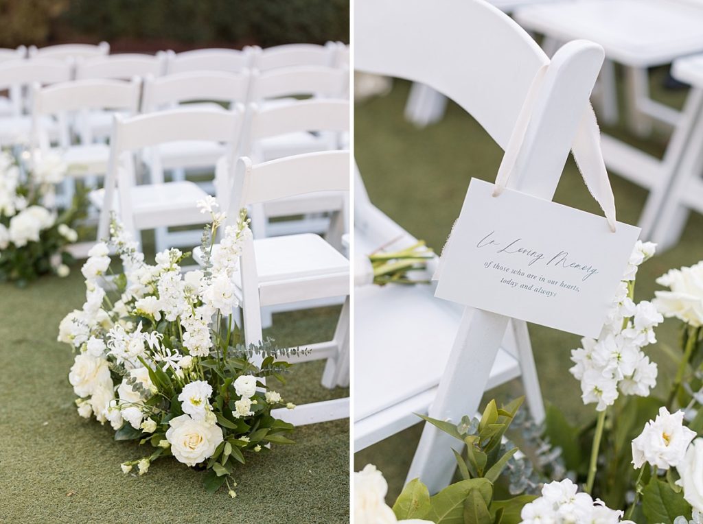 Aisle floral details and in loving memory sign | Emerald Christmas Wedding at The Sutherland Estate | Raleigh NC Wedding Photographer