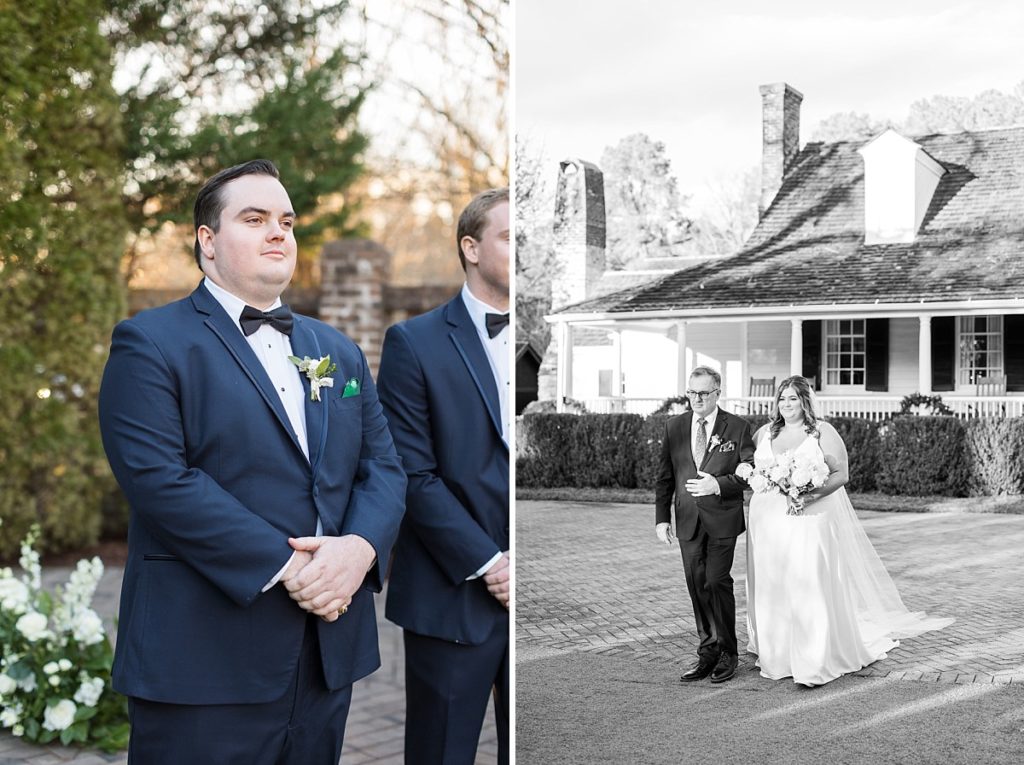 Groom watching his bride walking down the aisle and bride with her father | Emerald Christmas Wedding at The Sutherland Estate | Raleigh NC Wedding Photographer