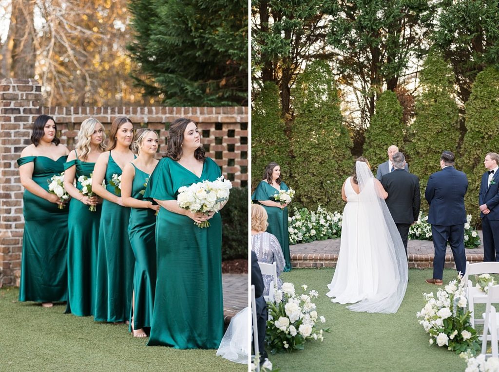 Bridal party in emerald floor length dresses | Emerald Christmas Wedding at The Sutherland Estate | Raleigh NC Wedding Photographer