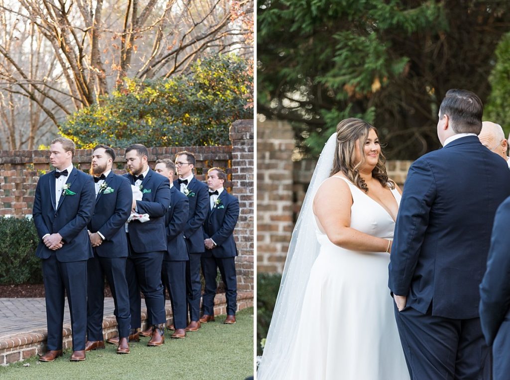 Groomsmen and bride during ceremony | Emerald Christmas Wedding at The Sutherland Estate | Raleigh NC Wedding Photographer