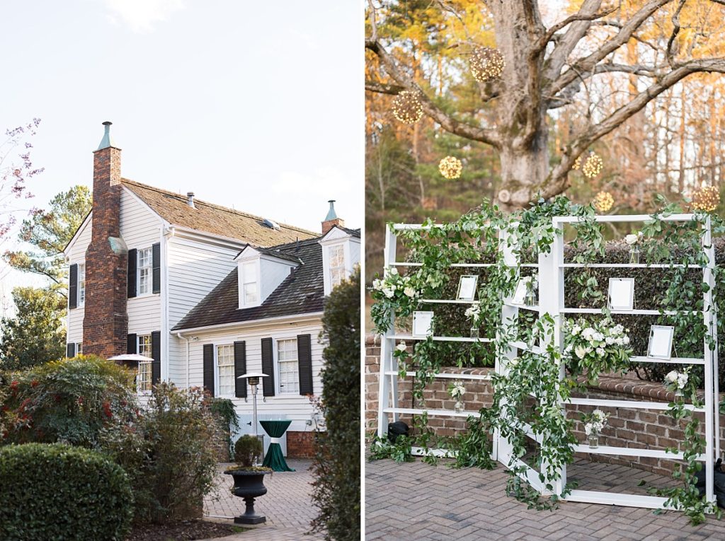 Outside cocktail hour and seating chart arrangement | Emerald Christmas Wedding at The Sutherland Estate | Raleigh NC Wedding Photographer