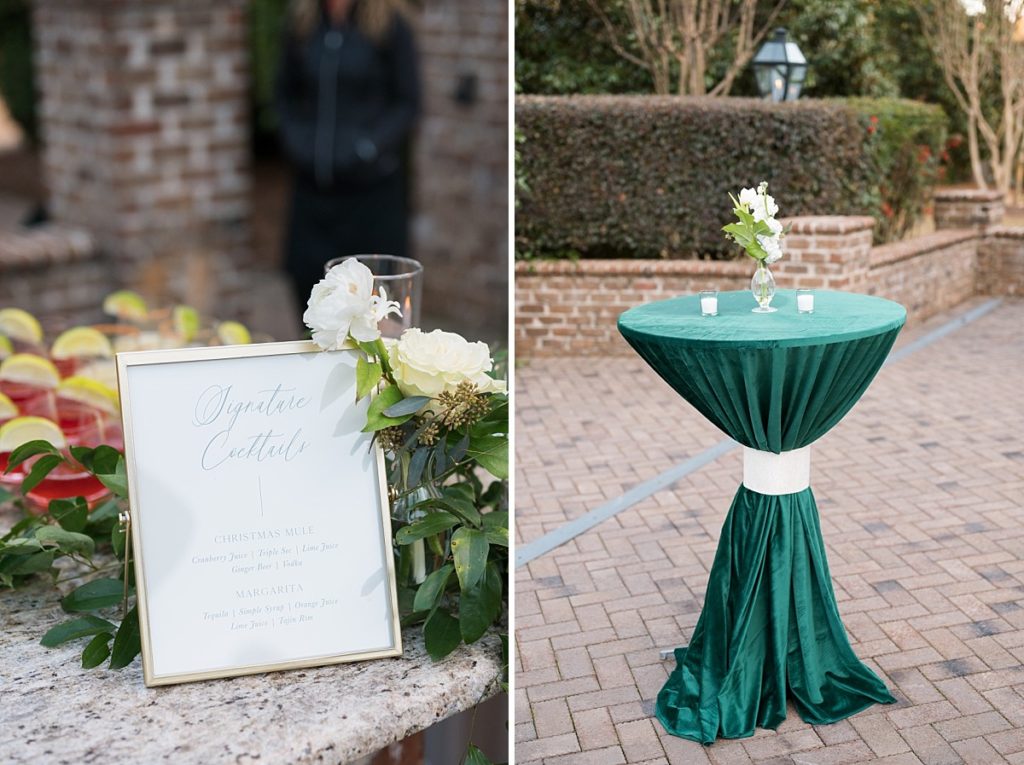 Signature cocktail sign and emerald cocktail table cloth | Emerald Christmas Wedding at The Sutherland Estate | Raleigh NC Wedding Photographer
