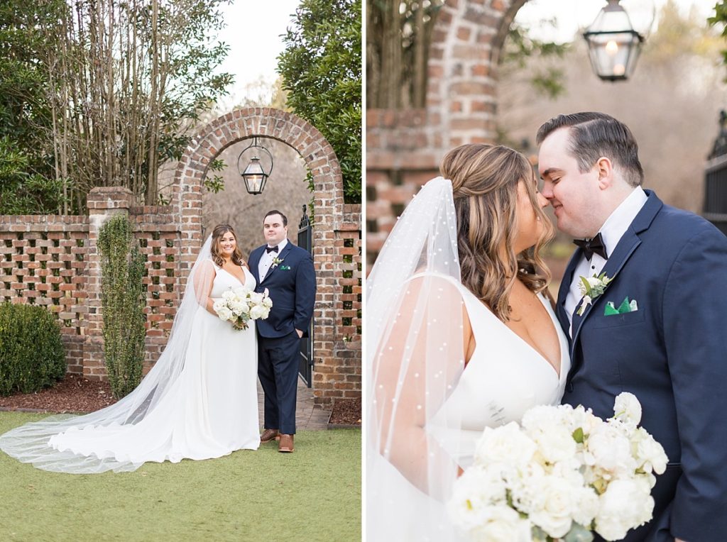 Bride and groom in front of brick wall | Emerald Christmas Wedding at The Sutherland Estate | Raleigh NC Wedding Photographer