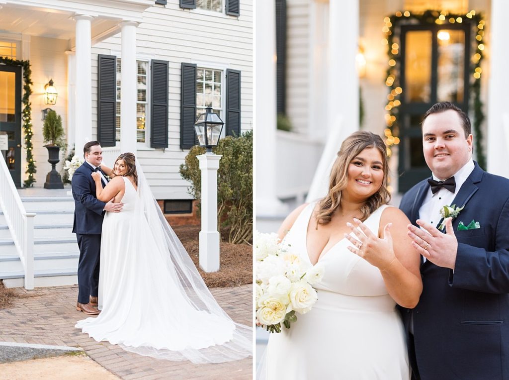 Bride and groom showing off their rings | Emerald Christmas Wedding at The Sutherland Estate | Raleigh NC Wedding Photographer