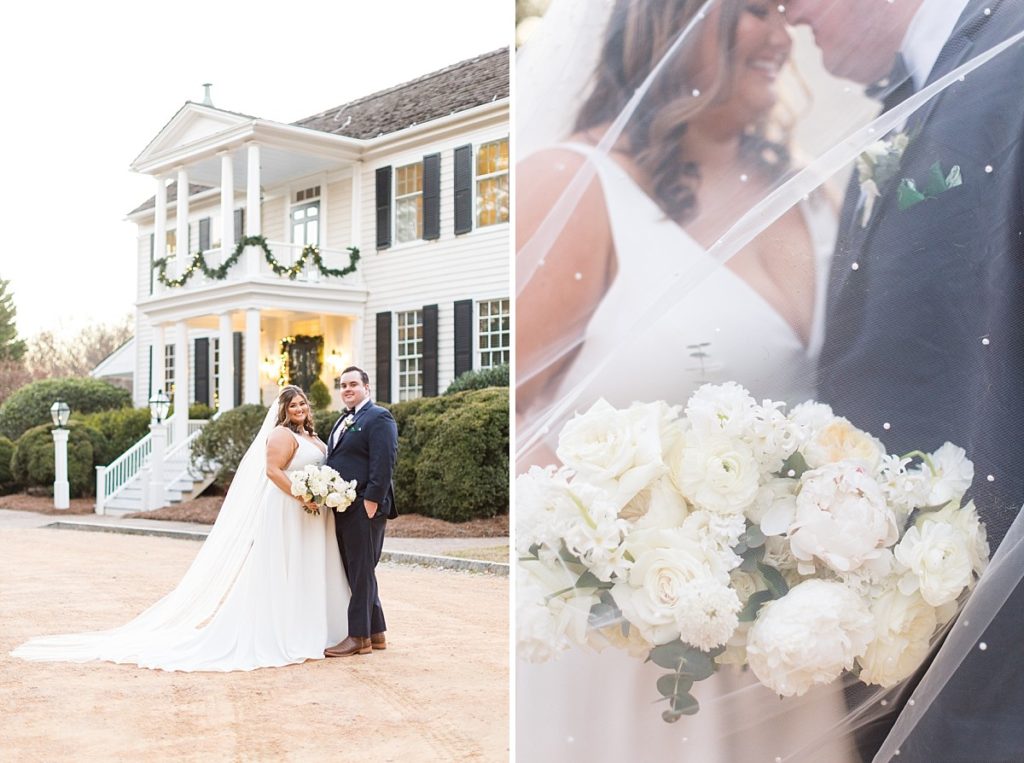 Bride and groom outside venue and bridal bouquet details with pearl studded veil | Emerald Christmas Wedding at The Sutherland Estate | Raleigh NC Wedding Photographer