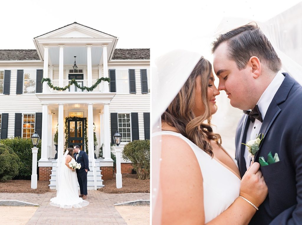 Bride and groom outside venue decorated for christmas | Emerald Christmas Wedding at The Sutherland Estate | Raleigh NC Wedding Photographer