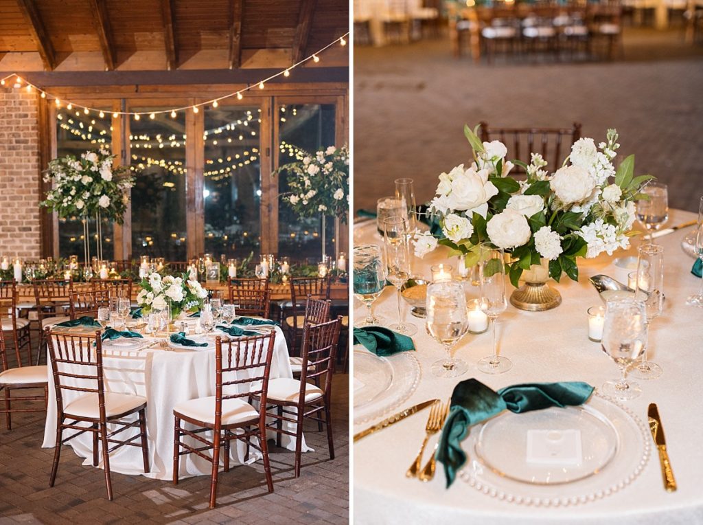Christmas wedding table setting details | Emerald Christmas Wedding at The Sutherland Estate | Raleigh NC Wedding Photographer