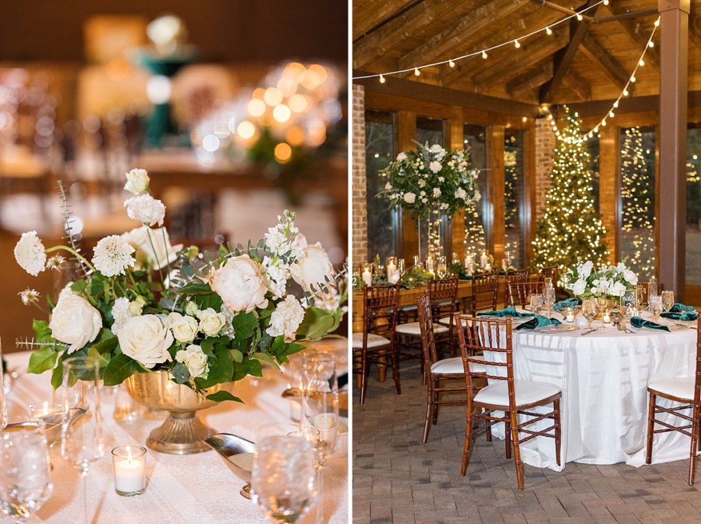 Floral table arrangement details | Emerald Christmas Wedding at The Sutherland Estate | Raleigh NC Wedding Photographer