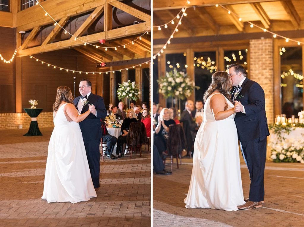 Bride and groom during their first dance | Emerald Christmas Wedding at The Sutherland Estate | Raleigh NC Wedding Photographer