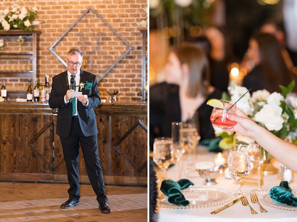 Welcome speech and custom cocktail | Emerald Christmas Wedding at The Sutherland Estate | Raleigh NC Wedding Photographer