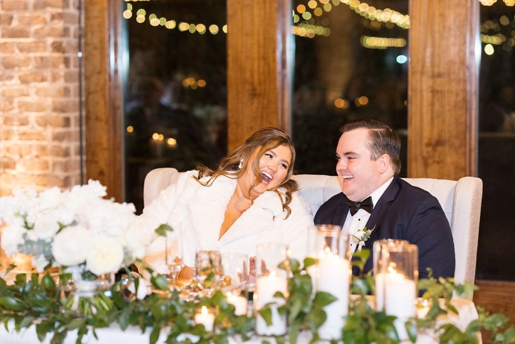 Bride and groom laughing | Emerald Christmas Wedding at The Sutherland Estate | Raleigh NC Wedding Photographer