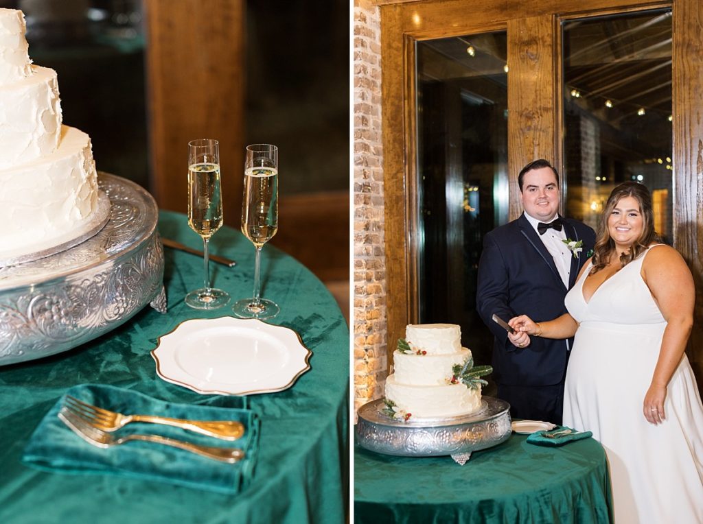Wedding cake details and bride and groom about to cut their cake | Emerald Christmas Wedding at The Sutherland Estate | Raleigh NC Wedding Photographer
