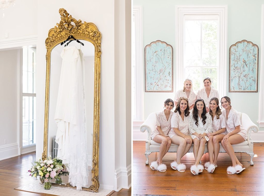 Bridal dress hanging in mirror and bridal party in white pjs and fuzzy white slippers | Merrimon-Wynne wedding venue | Raleigh NC wedding photographer 