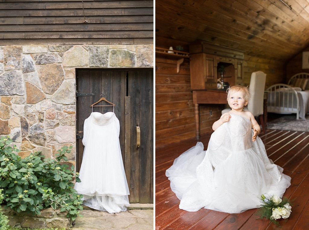 Rustic wedding venue in Raleigh NC | flower girl in brides dress | Raleigh NC wedding photographer 