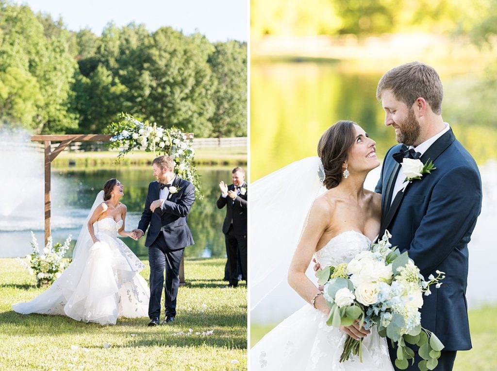 Floral covered woos arbor for ceremony and bride and groom embracing | Raleigh NC wedding photographer 