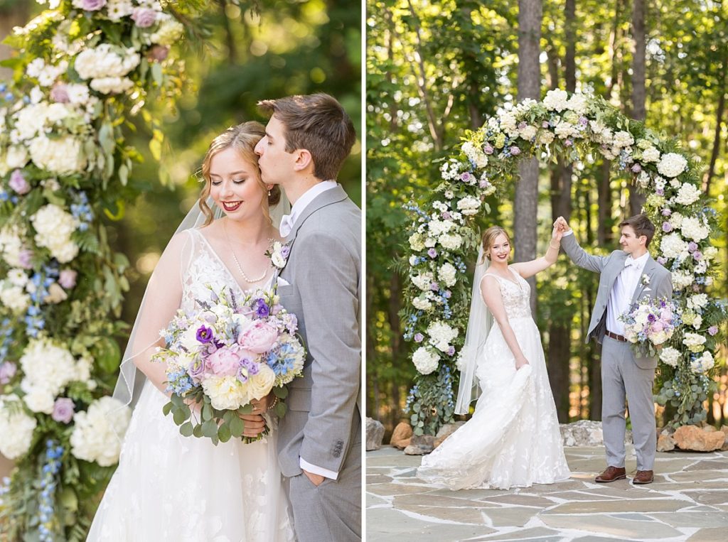 Large and colorful flower arch for wedding | gray suit for wedding | Raleigh wedding photographer 