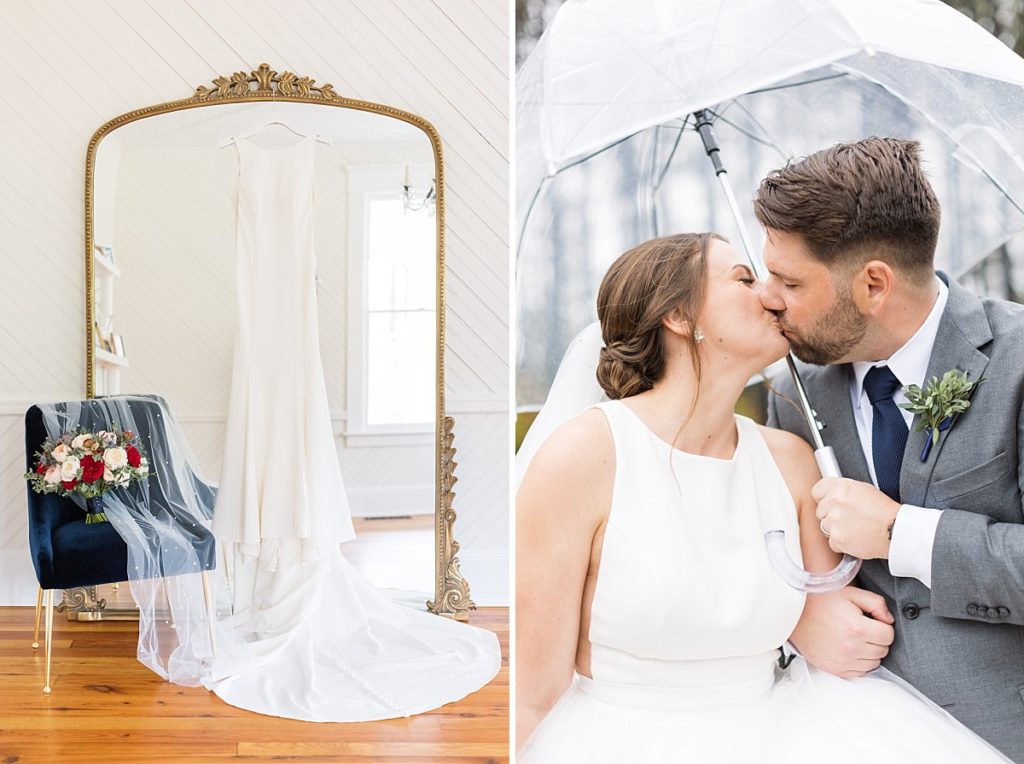 Wedding dress hanging on antique mirror and rainy wedding |  Raleigh wedding photographer