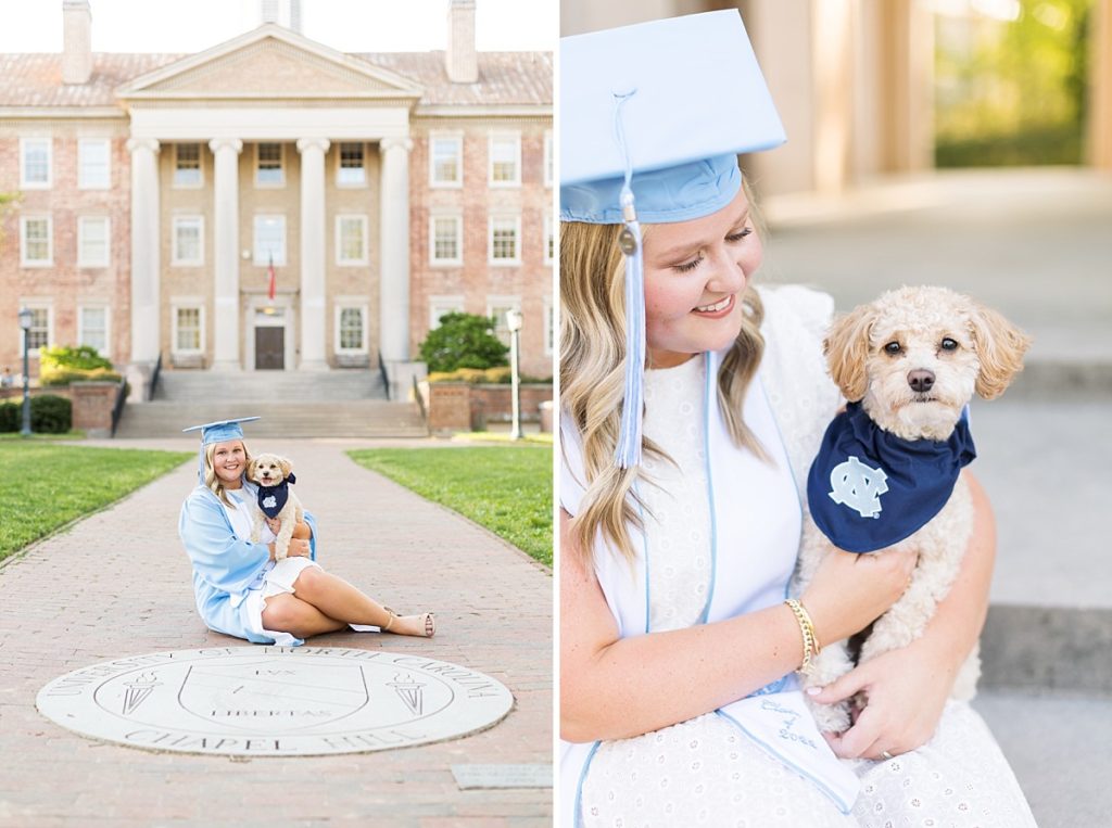 grad photos with dog in bandana ant UNC chapel Hill