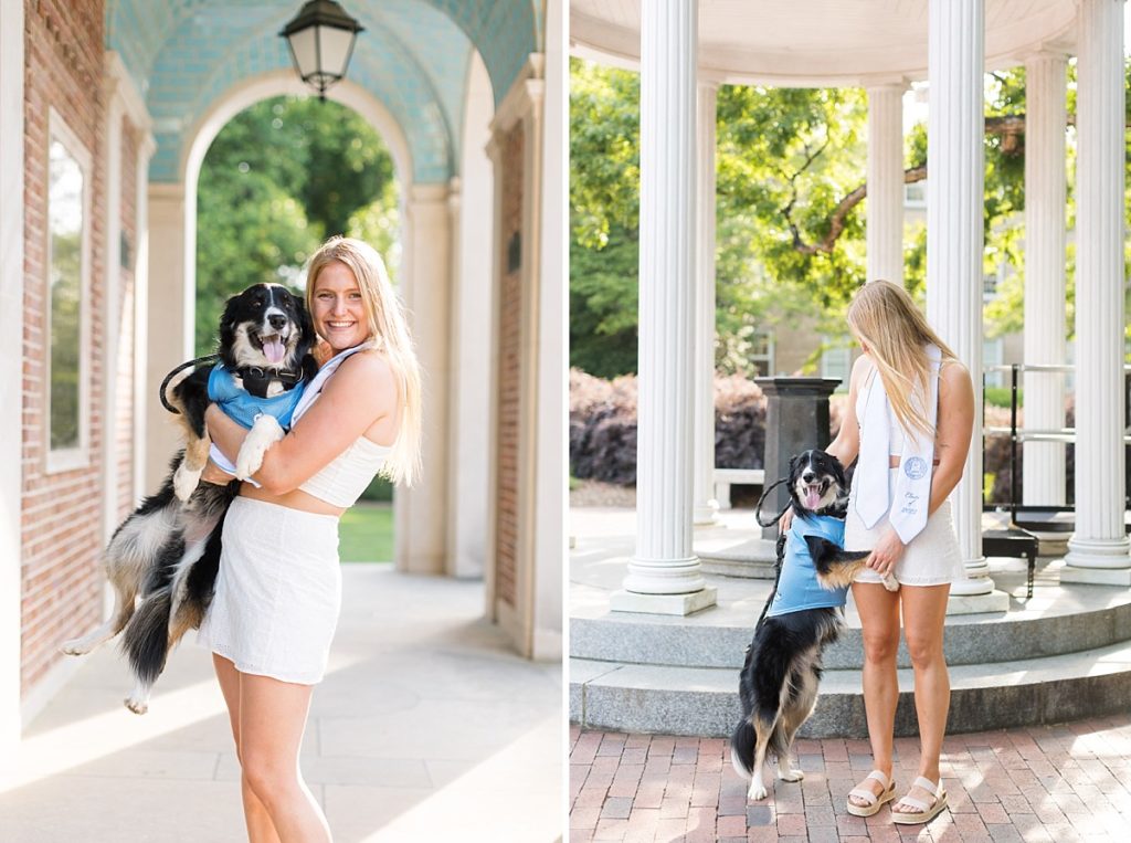 senior photos at unc chapel hill with a dog