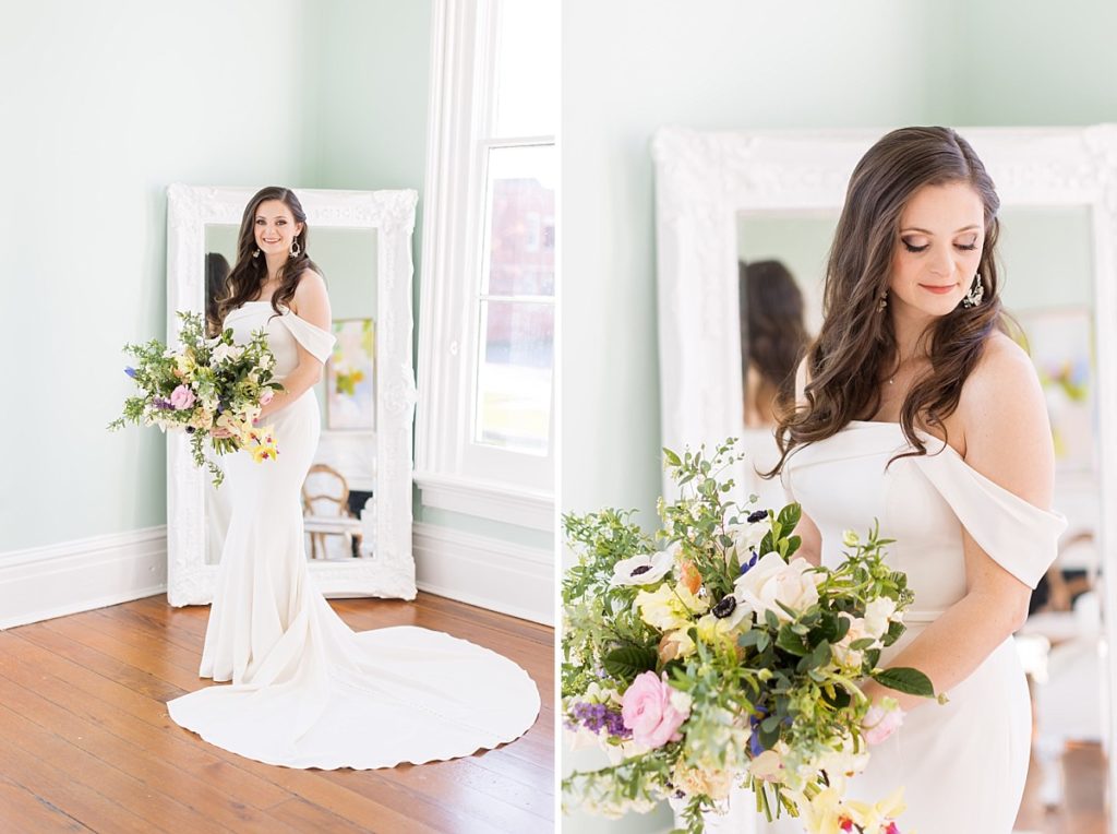 Bride with bridal bouquet in front of mirror | Bridal Portraits at Merrimon-Wynne | Raleigh NC Wedding Photographer | Bridal Portrait Photographer